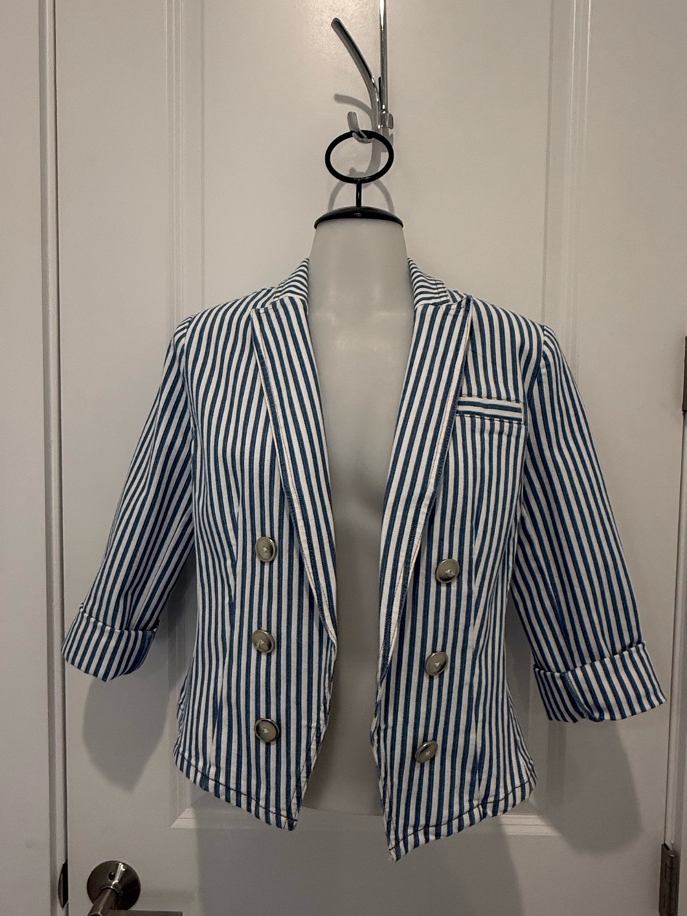 Chico's Blue & White Striped Double-Breasted Jean Jacket